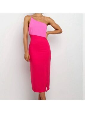 Petal & Pup Two-Tone Hot Pink One-Shoulder Midi Dress